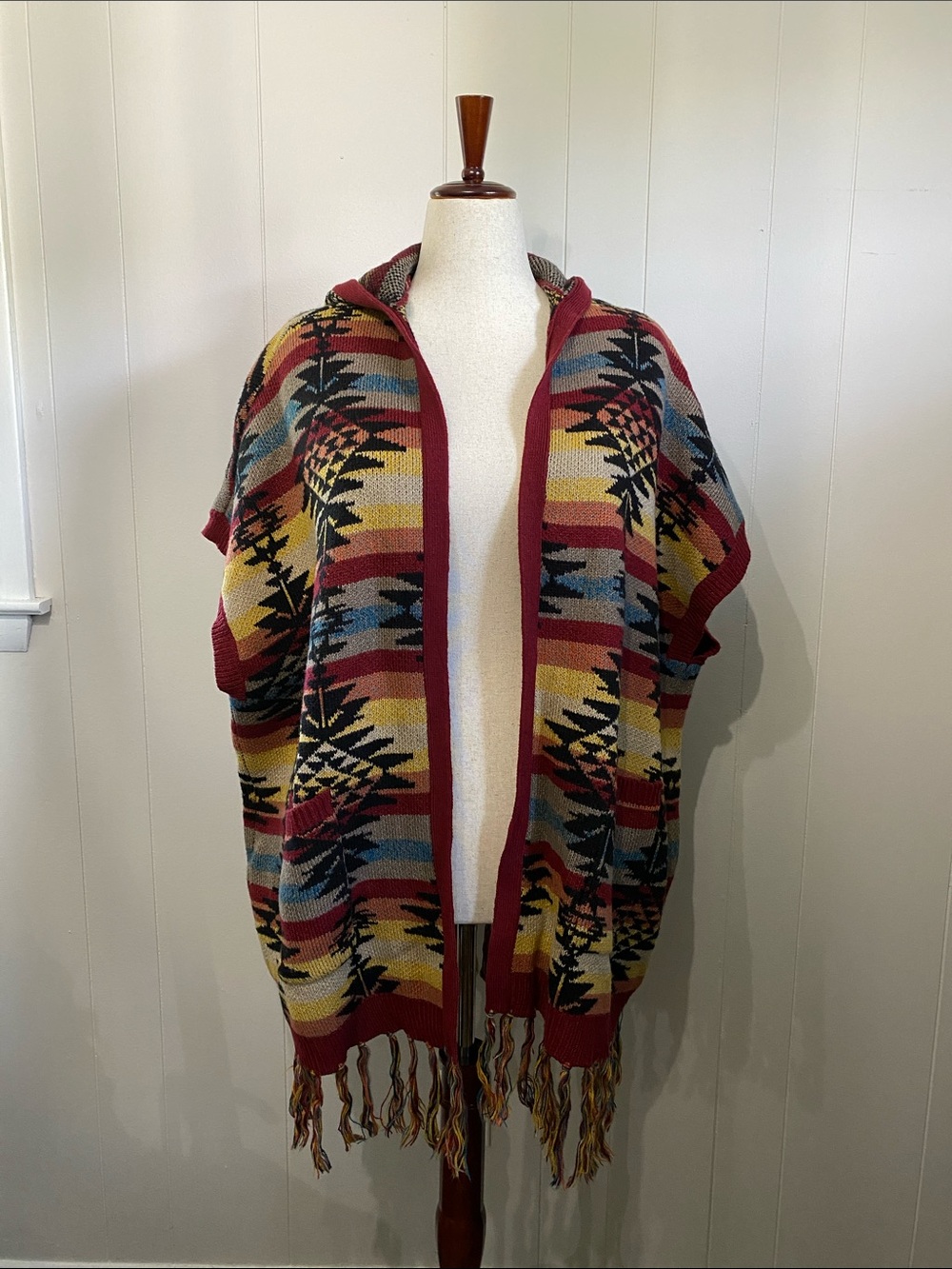 American Eagle Outfitters Multicolor Aztec Pattern Fringe Poncho - Red Trim